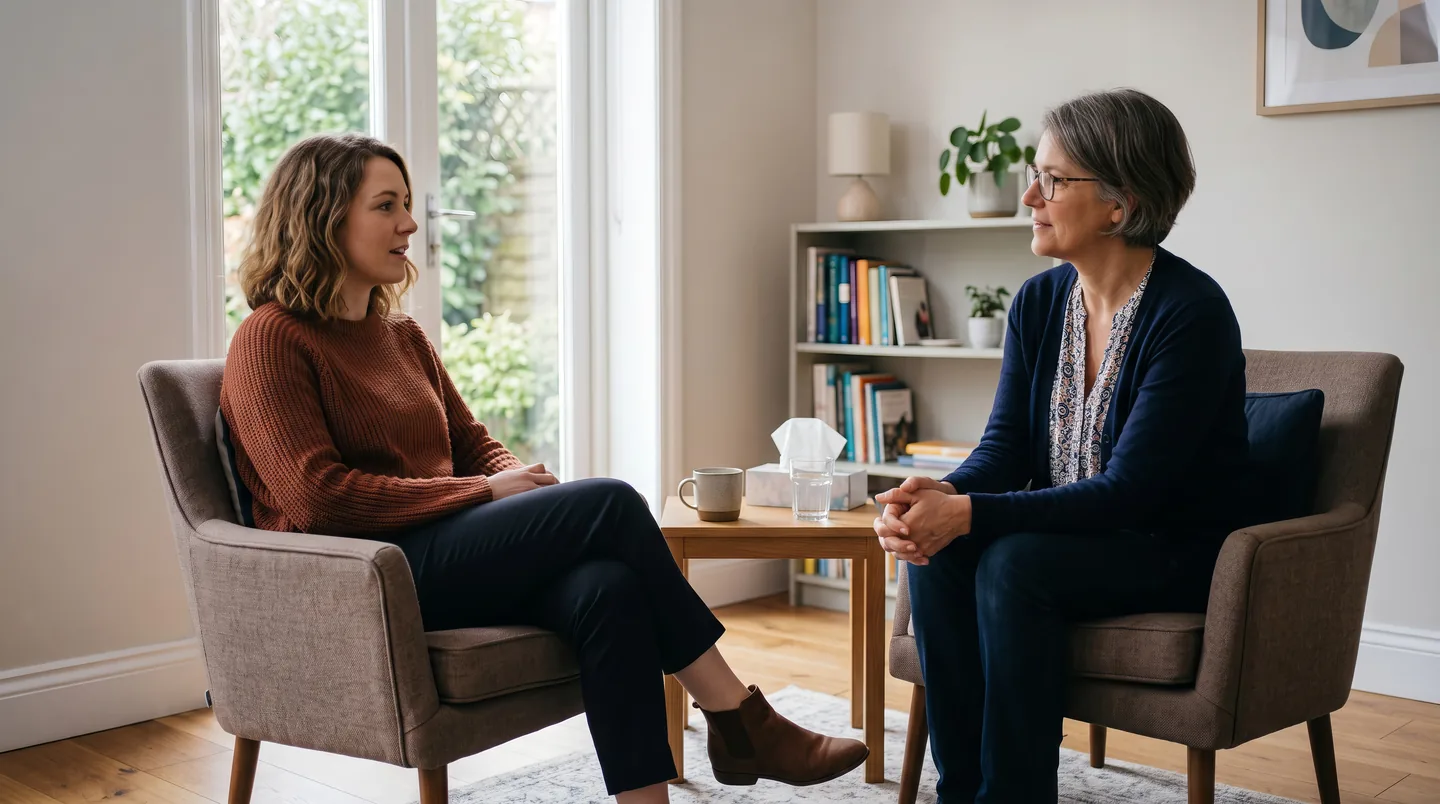Therapist supporting a client during a calm counseling session