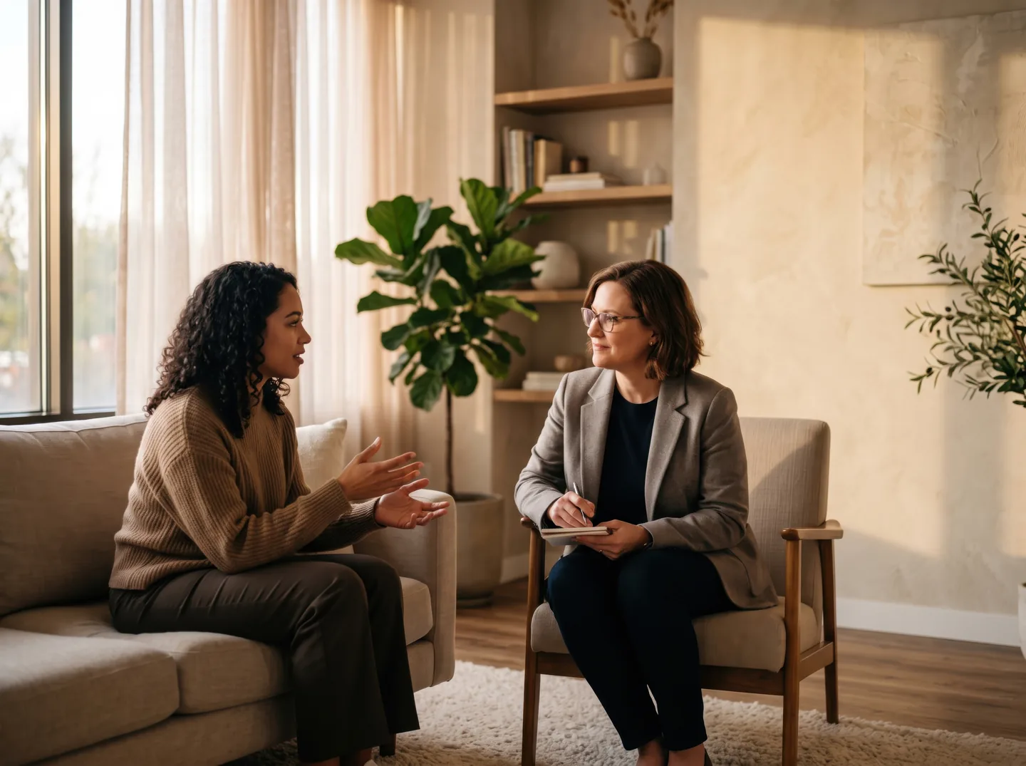 Woman talking with her therapist in a cozy therapy office